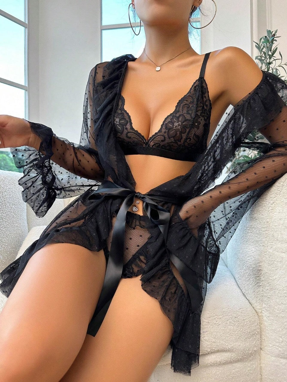 Classic Sexy Floral Lace Lingerie Set With Belted Robe