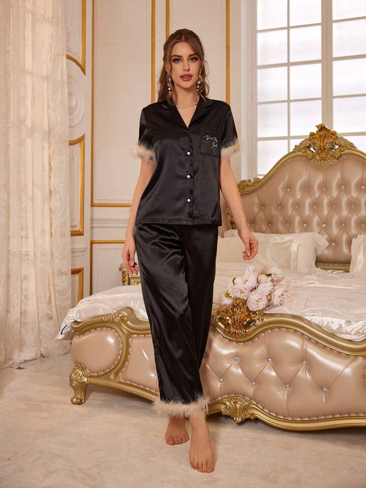 Furry Decoration Satin Short Sleeve Top And Pants Pajama Set