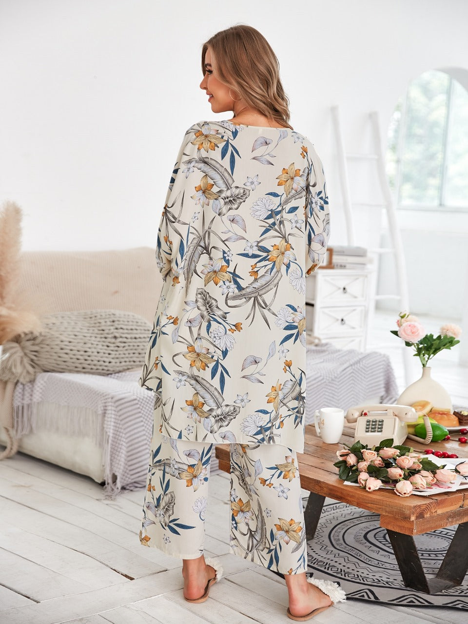 3pcs Floral Print Bow Detail PJ Set