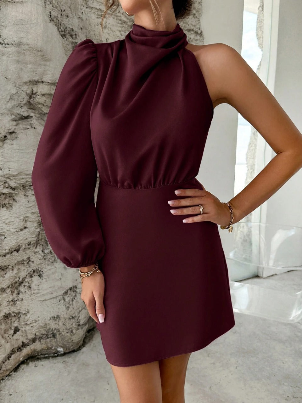 Privé Asymmetrical Neck Ruched Side Satin Dress