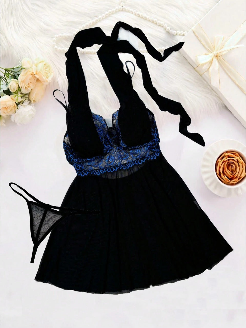 2pcs/Set Women Sexy Lace Splice Mesh Sleepwear Nightgown