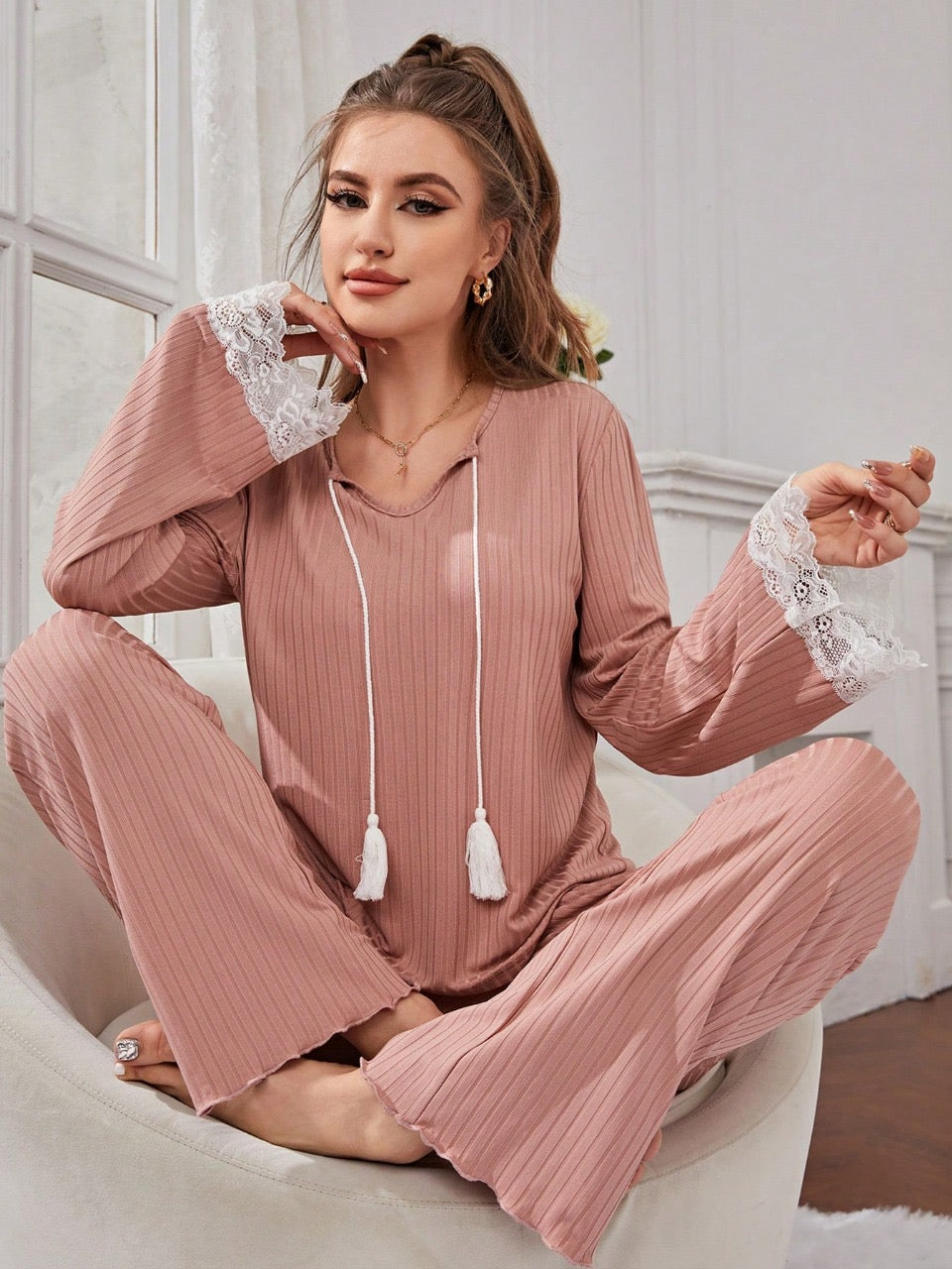 Contrast Lace Tassel Tie Neck PJ Set