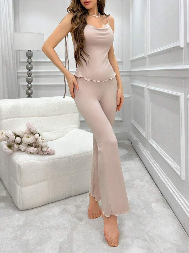 Solid Color Spaghetti Strap Cowl Collar Sleepwear Set For Women, With Various Ways To Tie And Flared Pants Design