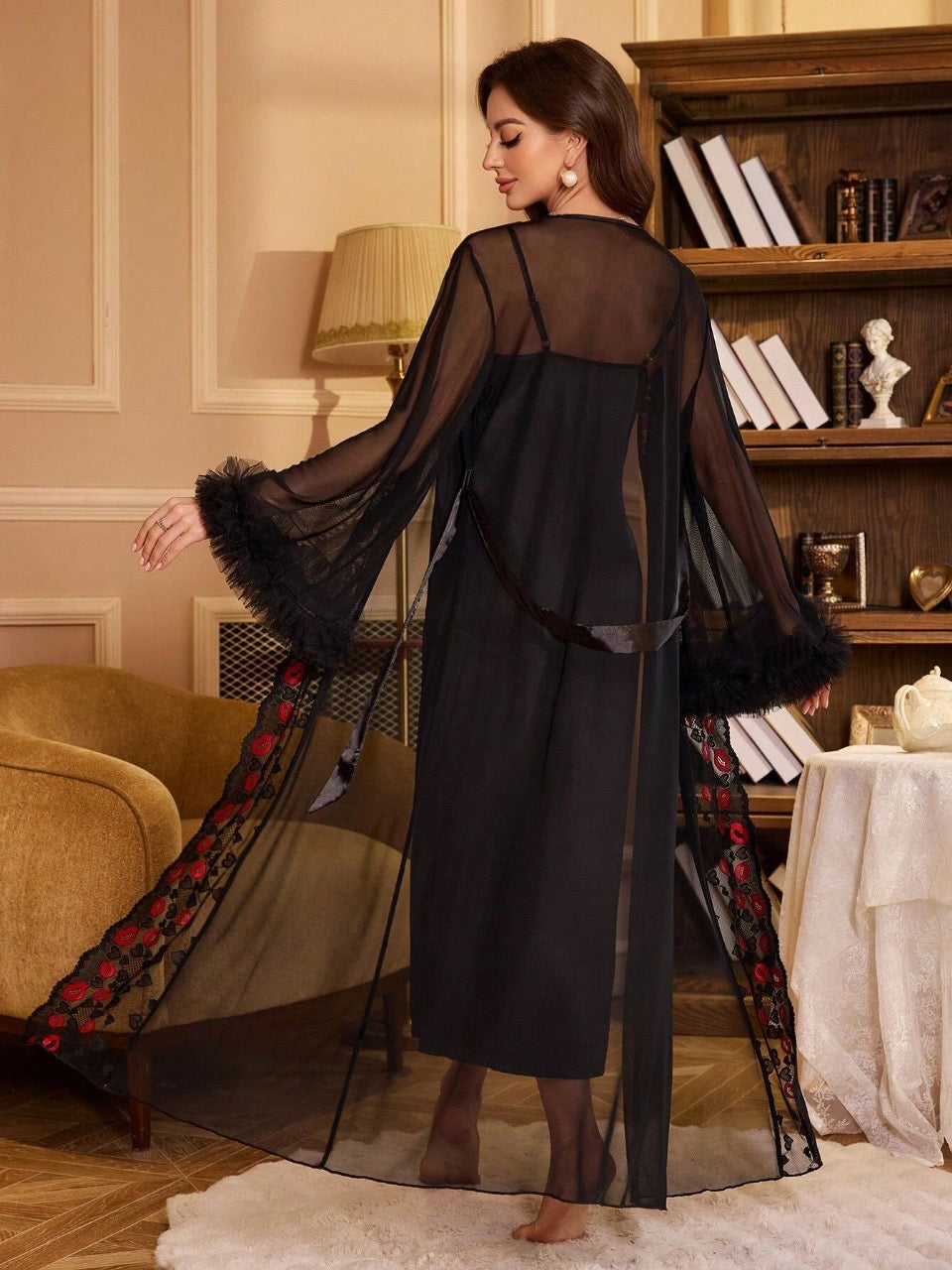 2pcs Set: Lace Splice Floral Lantern Sleeve Mesh Robe & Solid Faux Silk Nightgown