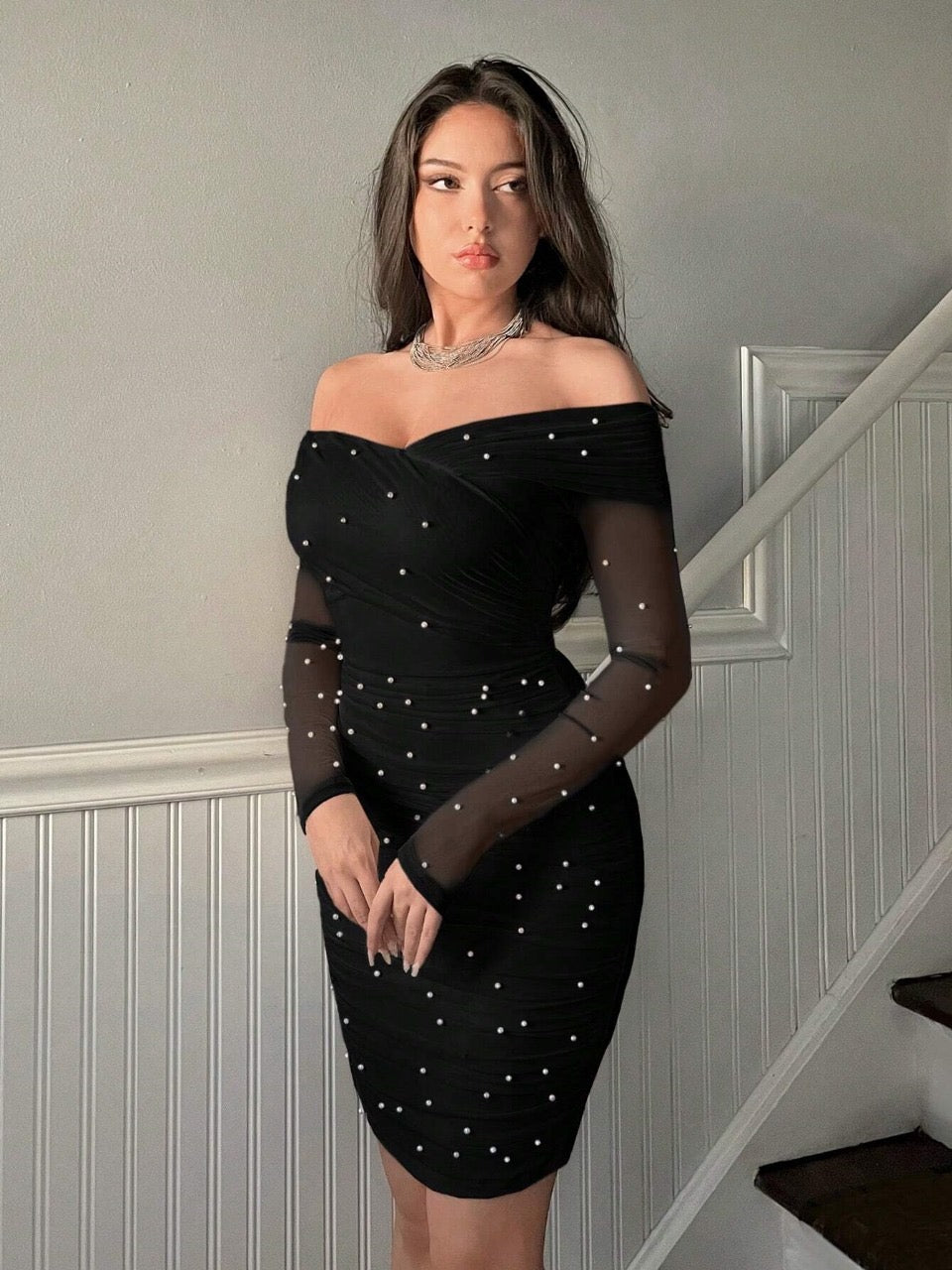 Privé Off Shoulder Ruffle & Pearl & Beaded Bodycon Dress