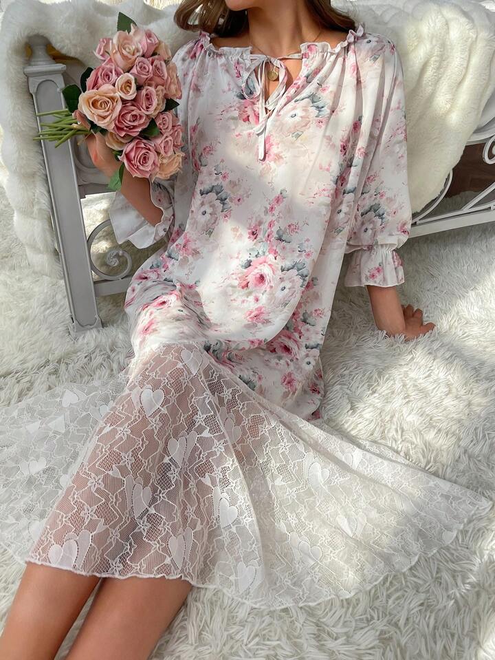 Women'S Floral Print Lace Trimmed Neckline Ribbon Tie Sleep Dress
