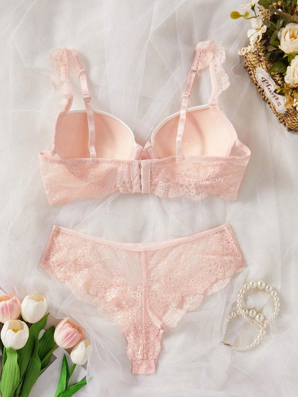 1pc/Set Bow Detail Underwired Lace Bra And Panty Set Sexy Lingerie