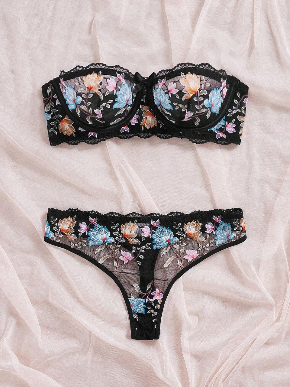 FloralLove 2pcs Floral Lace Print Cup Bra & Panty Set For Women