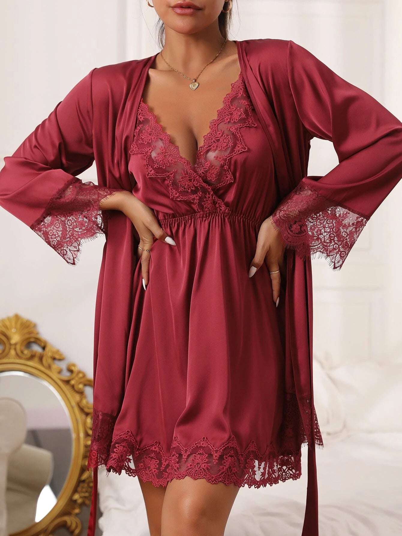 Embroidered Mesh Trim Satin Slips With Belted Robe🥀
