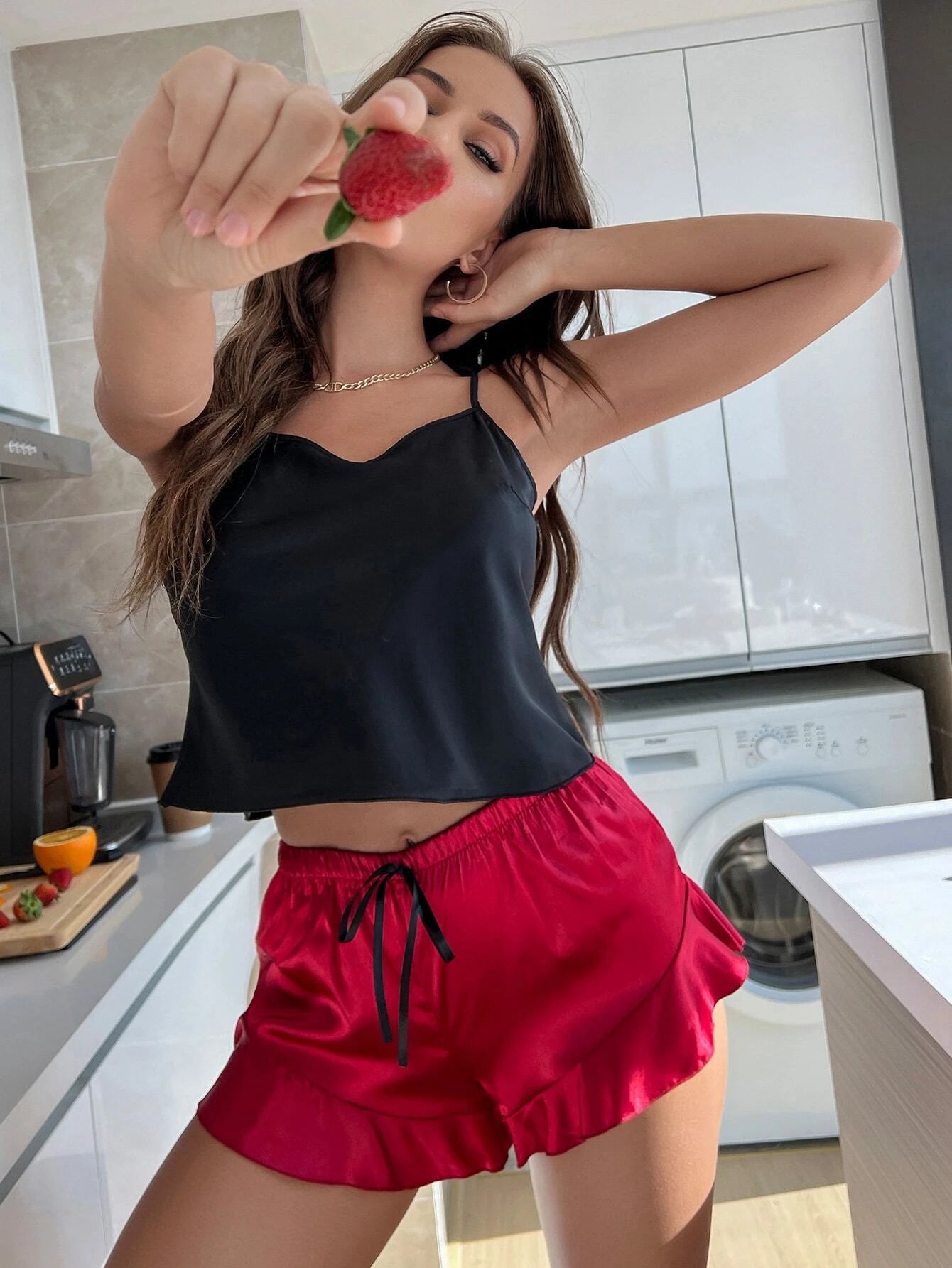 Sweetheart Crop Satin Cami Top & Ruffle Hem Shorts PJ