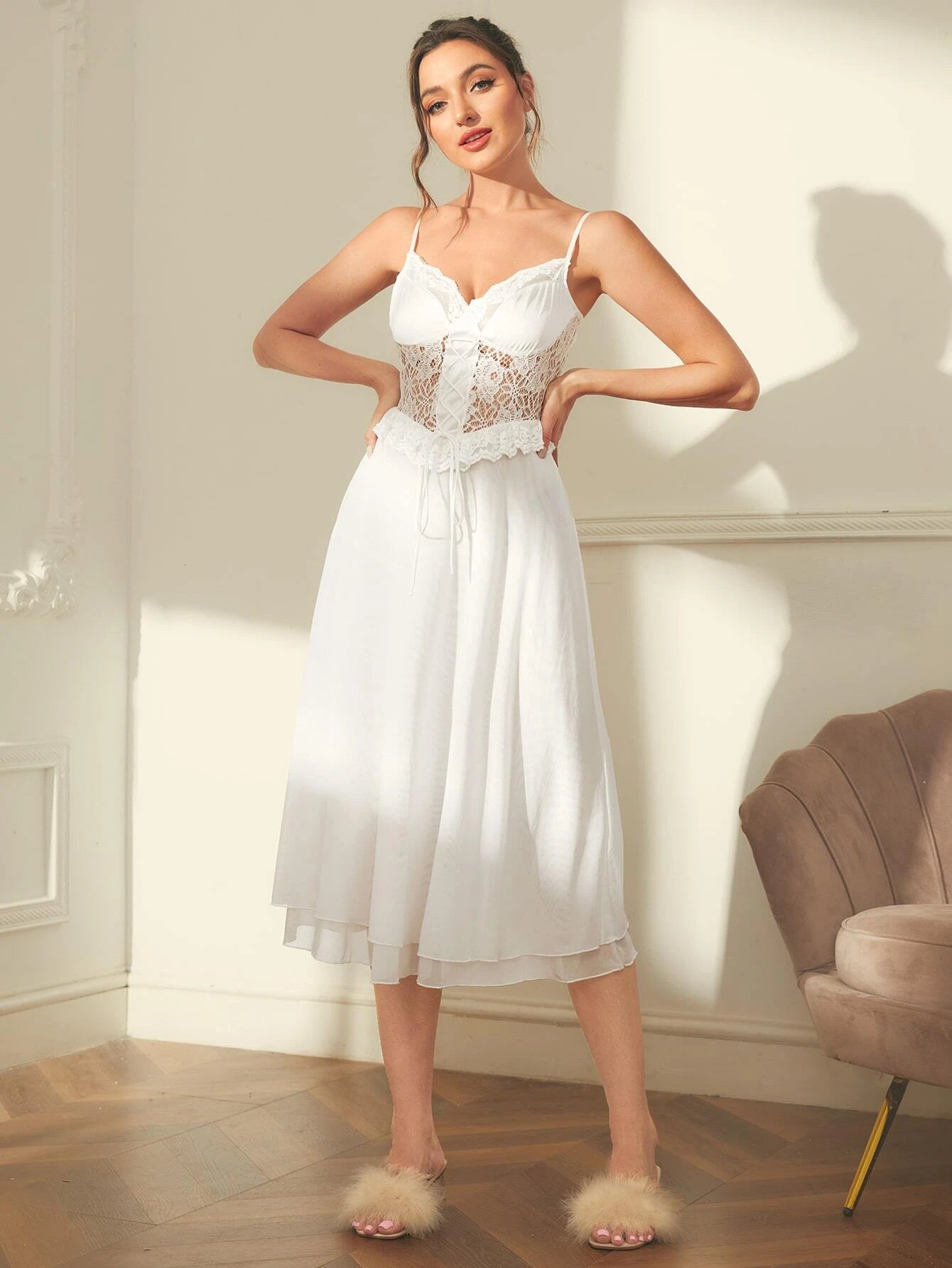 lace panel lace up front cami night dress