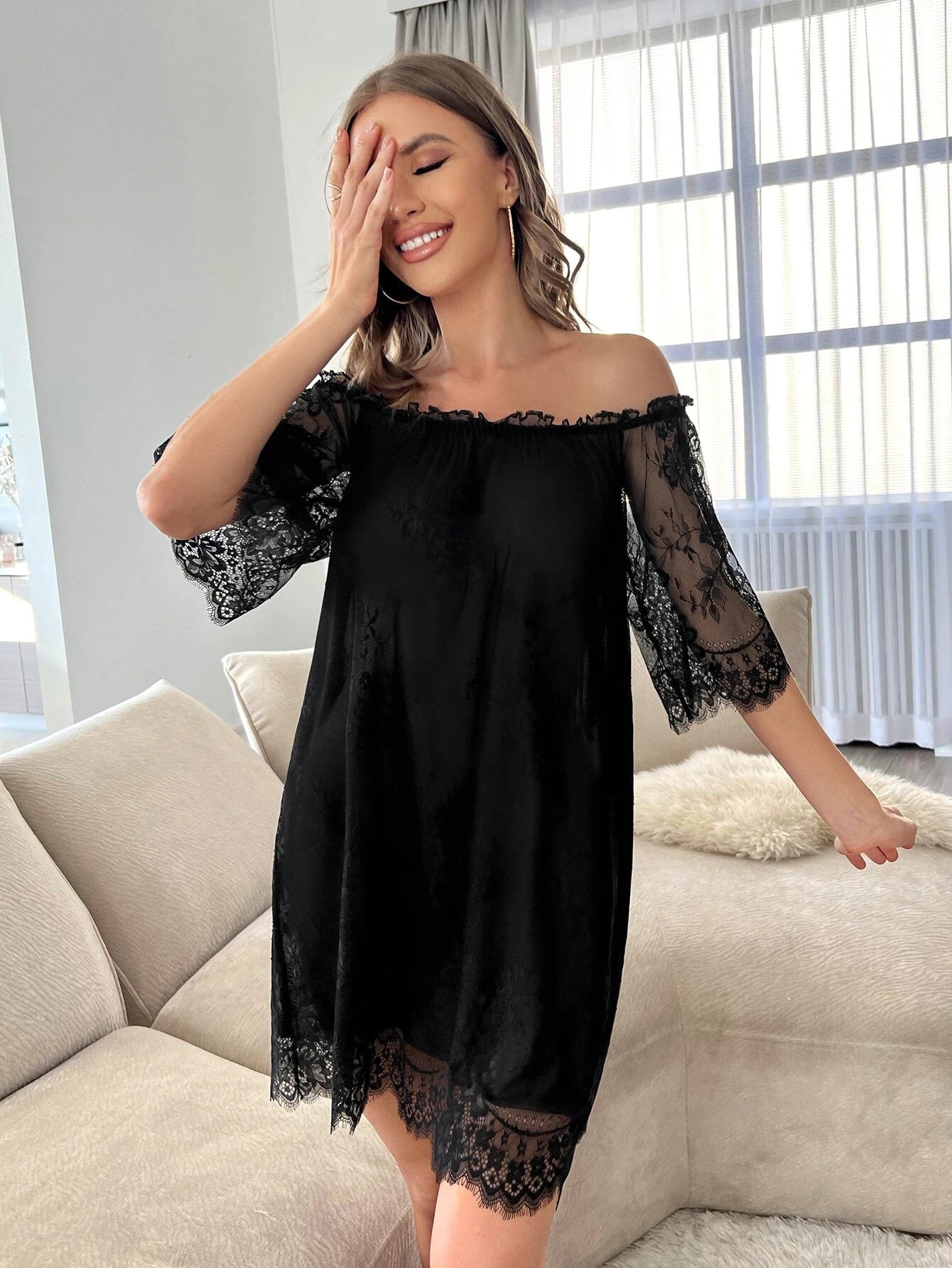 Eyelash lace panel off shoulder bow back mesh night dress