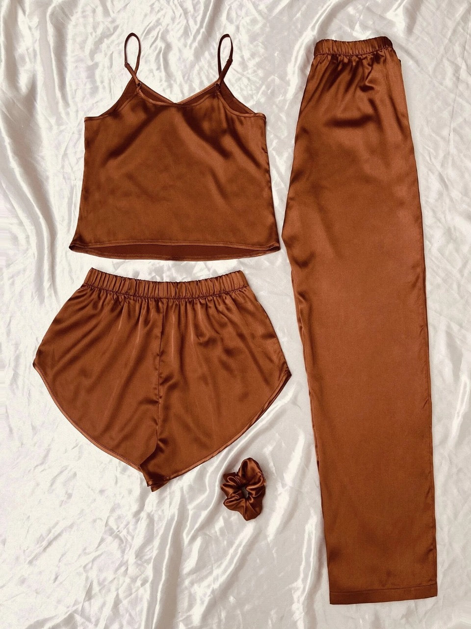 Satin Cami Top & Tie Waist Shorts & Pants & Hairband PJ Set