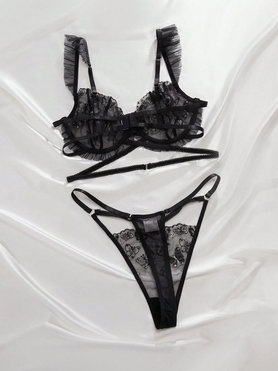 Butterfly Embroidered Frill Trim Underwire Lingerie Set