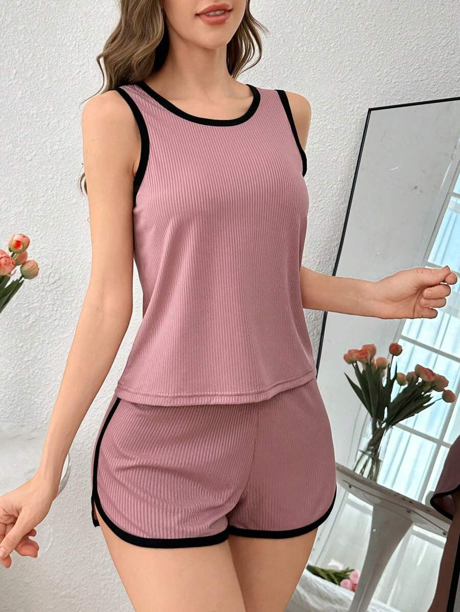 2pcs/Set Women Contrast Trim Casual Camisole & Shorts Pajama Set, Loungewear