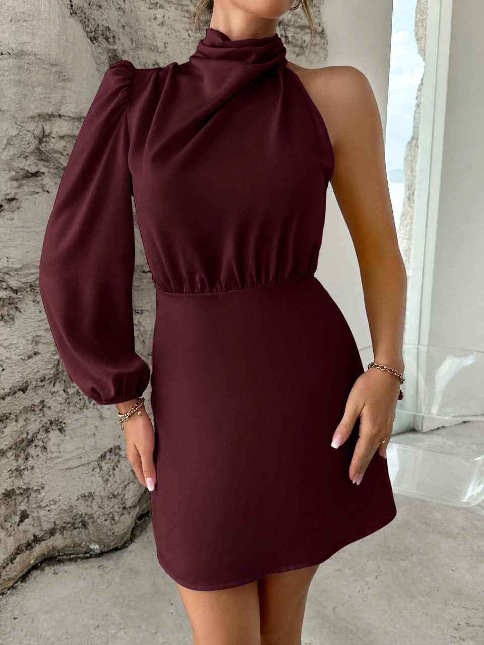Privé Asymmetrical Neck Ruched Side Satin Dress