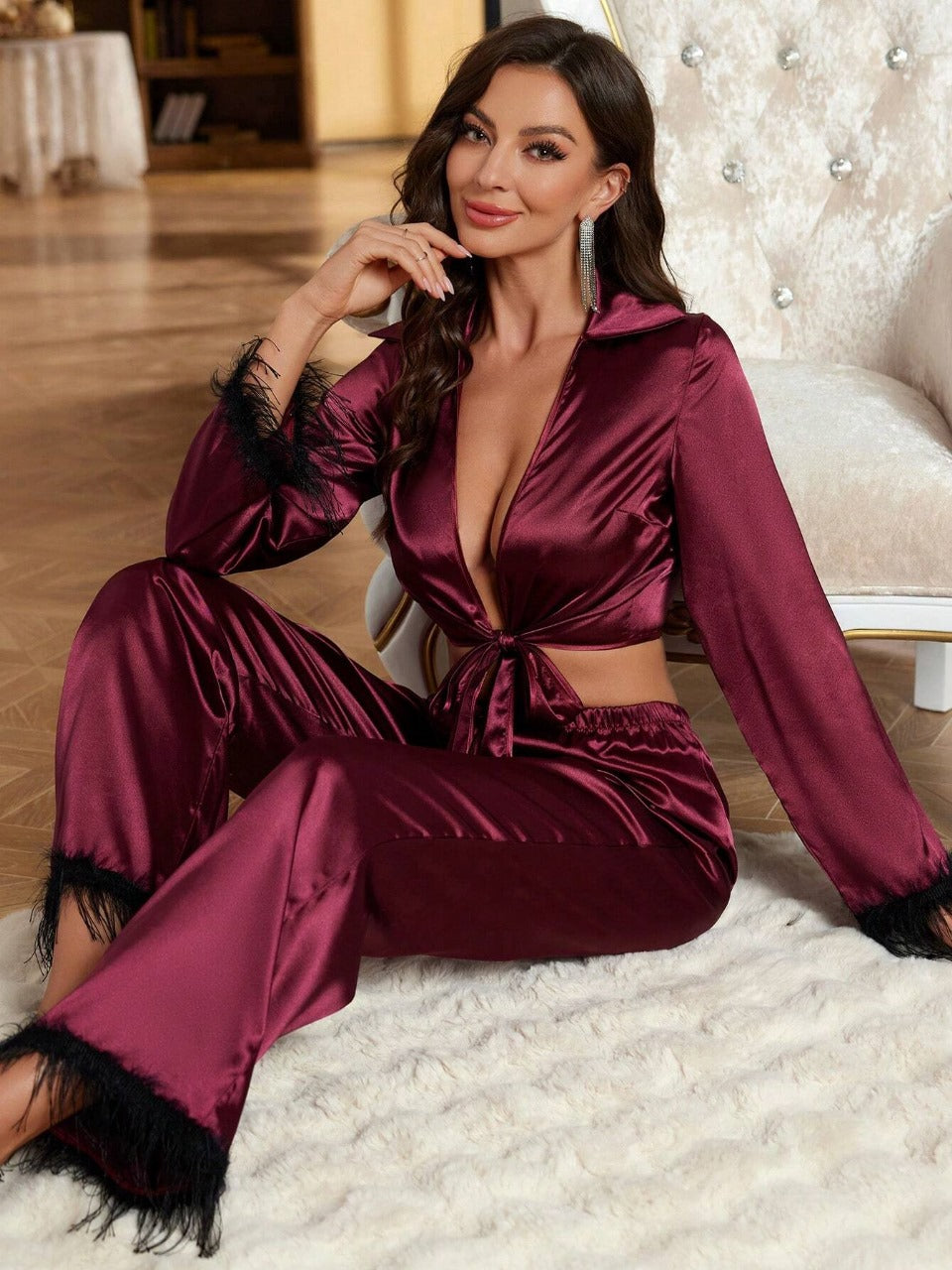 Women Solid Color Tassel Detail Long Sleeve Pants