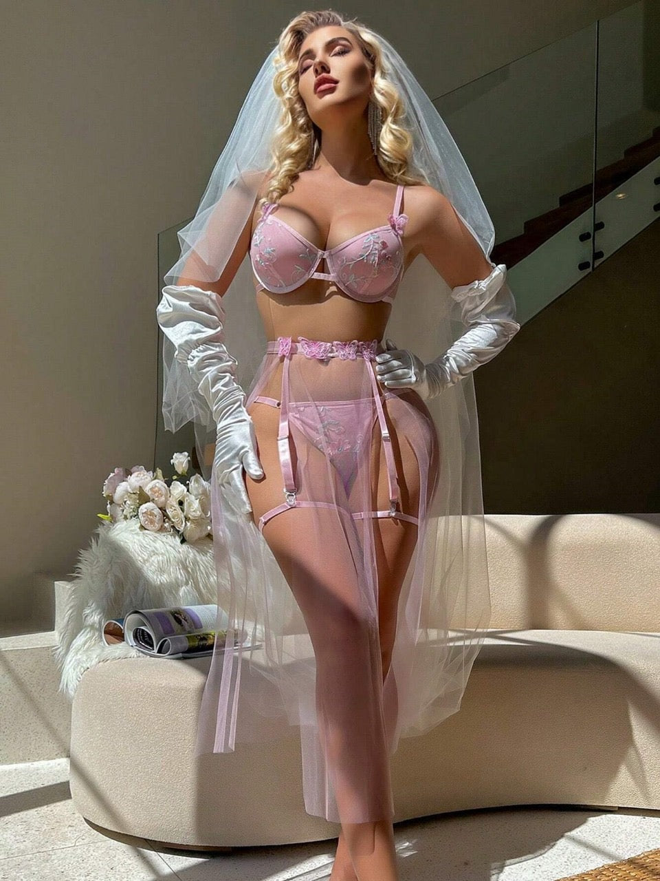 Wedding Season Flower Embroidered Butterfly Applique Mesh Sexy Lingerie Set