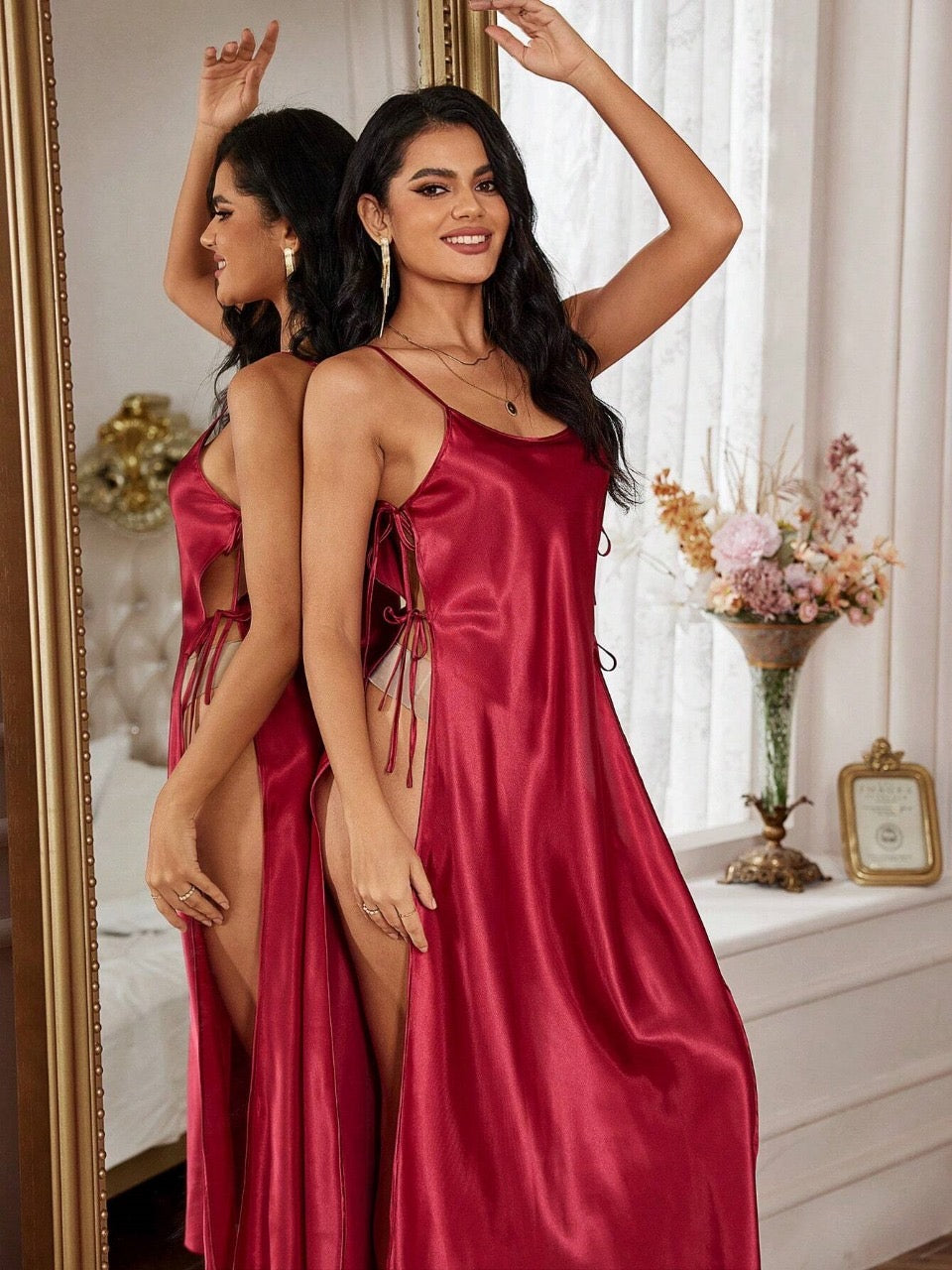 Satin Side Tie Sexy Slip Dress And Furry Bell Sleeve Robe Set
