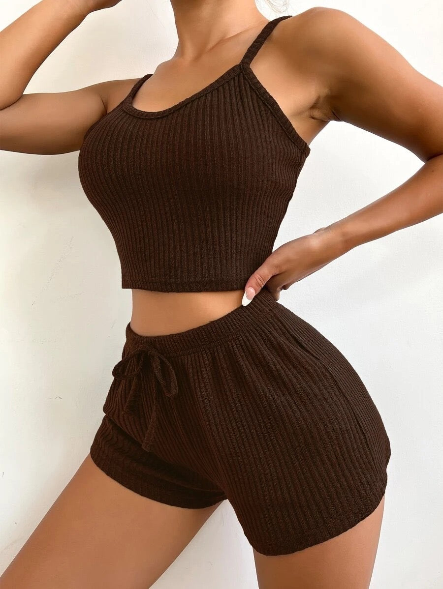 Ribbed Knit Cami Top & Tie Waist Shorts Lounge Set