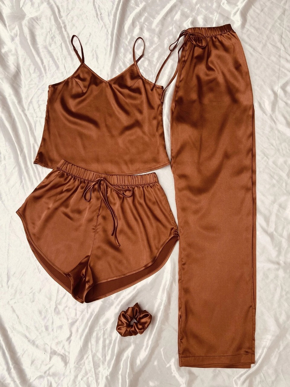 Satin Cami Top & Tie Waist Shorts & Pants & Hairband PJ Set