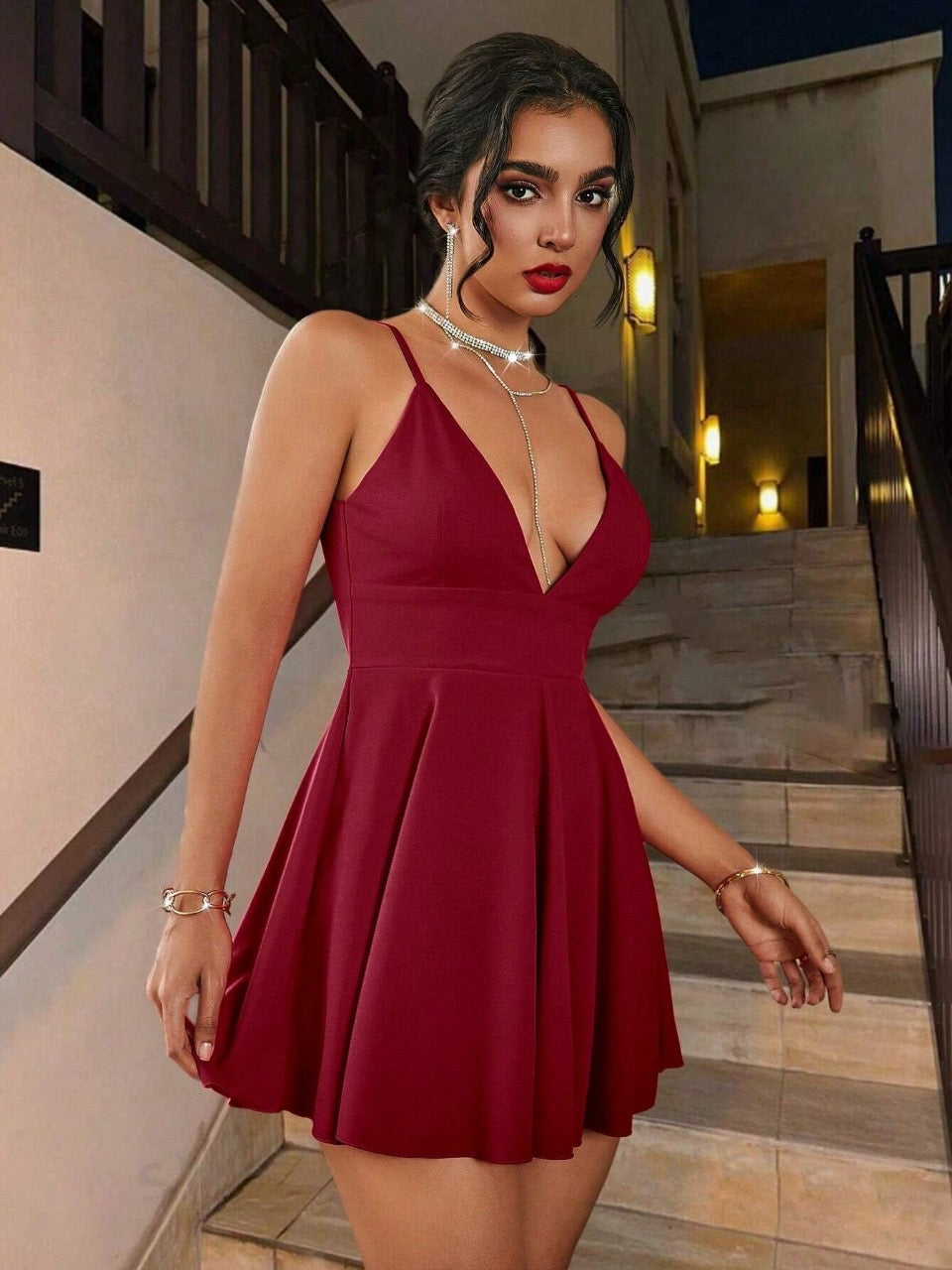Allurite Women's Backless Sexy Deep V Cami A-Line Dress Burgundy Mini Short Women Outfit