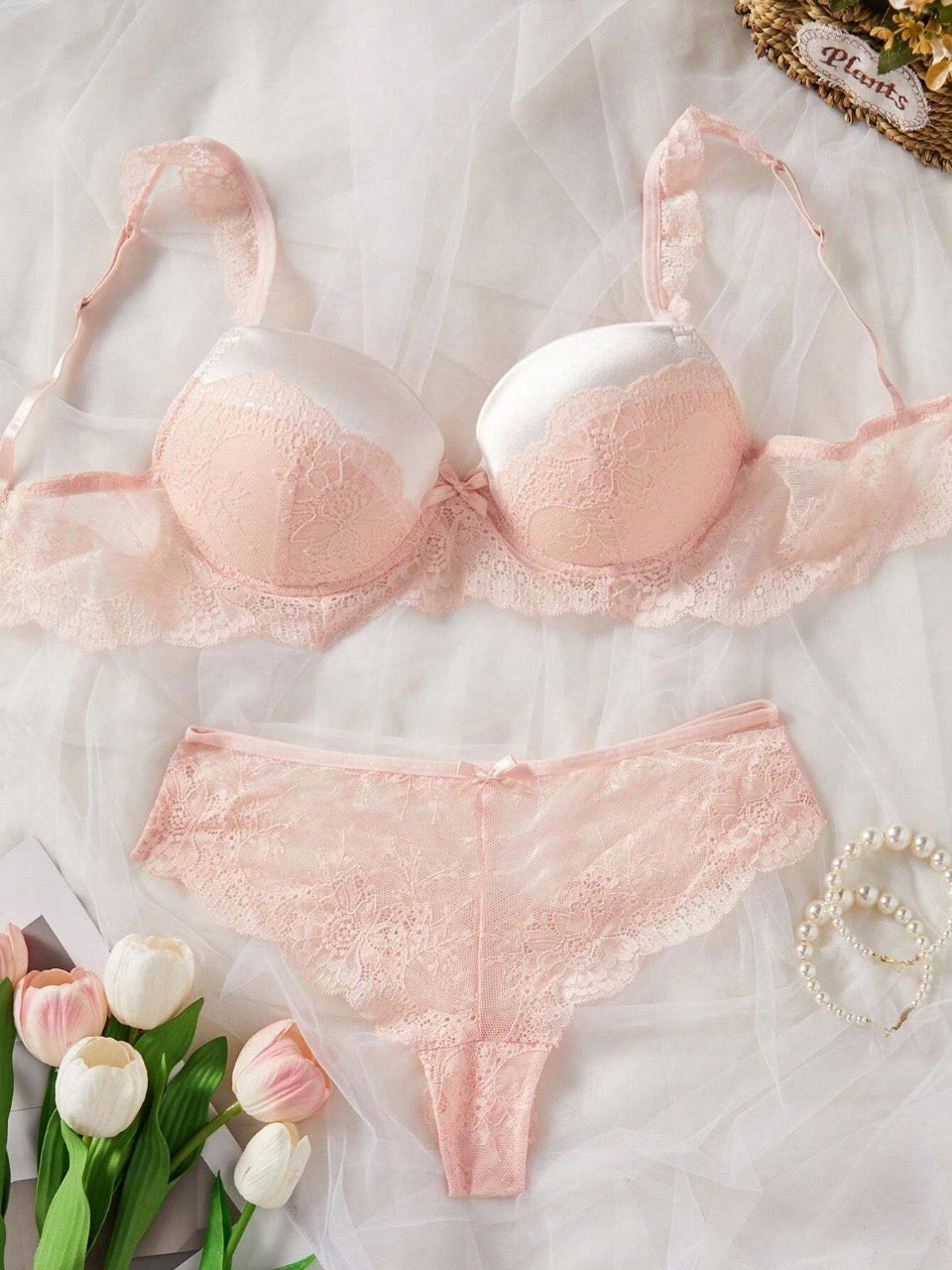 1pc/Set Bow Detail Underwired Lace Bra And Panty Set Sexy Lingerie