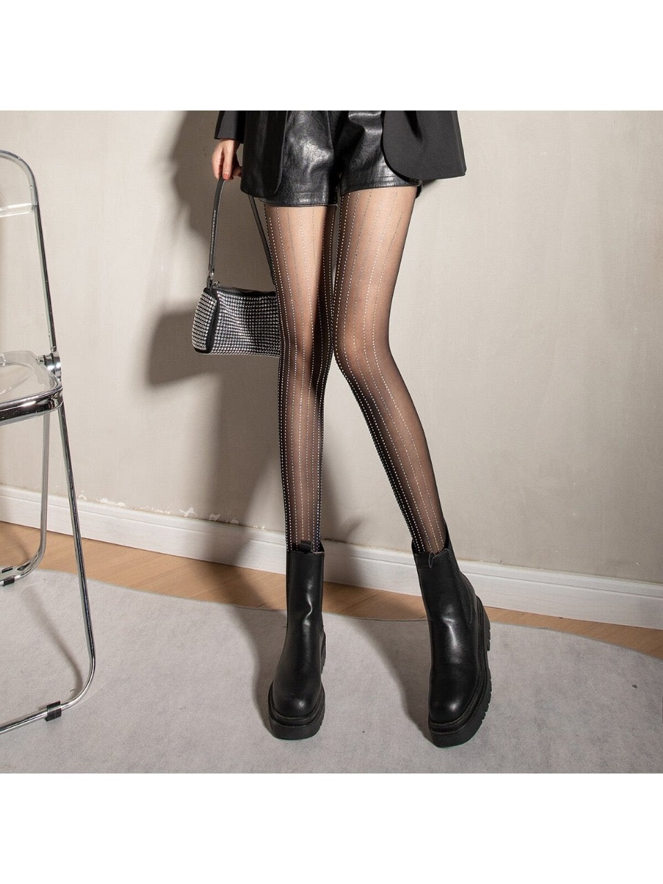 Embellished Sheer Striped Pantyhose, Soft Breathable Thin Black Nude Tights For Women, Diy Anti-rip Crystal Stockings