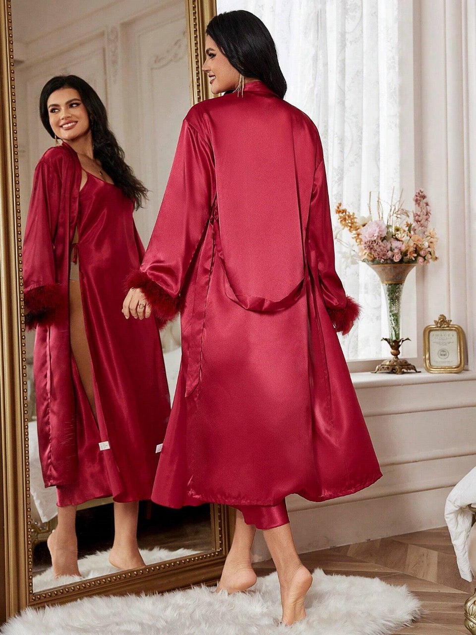 Satin Side Tie Sexy Slip Dress And Furry Bell Sleeve Robe Set
