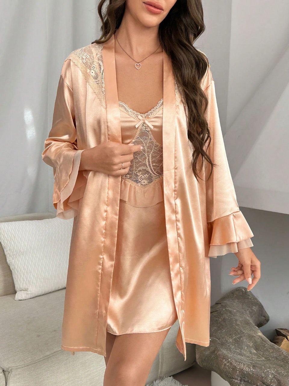 Contrast Lace Belted Satin Robe & Cami Dress PJ Set