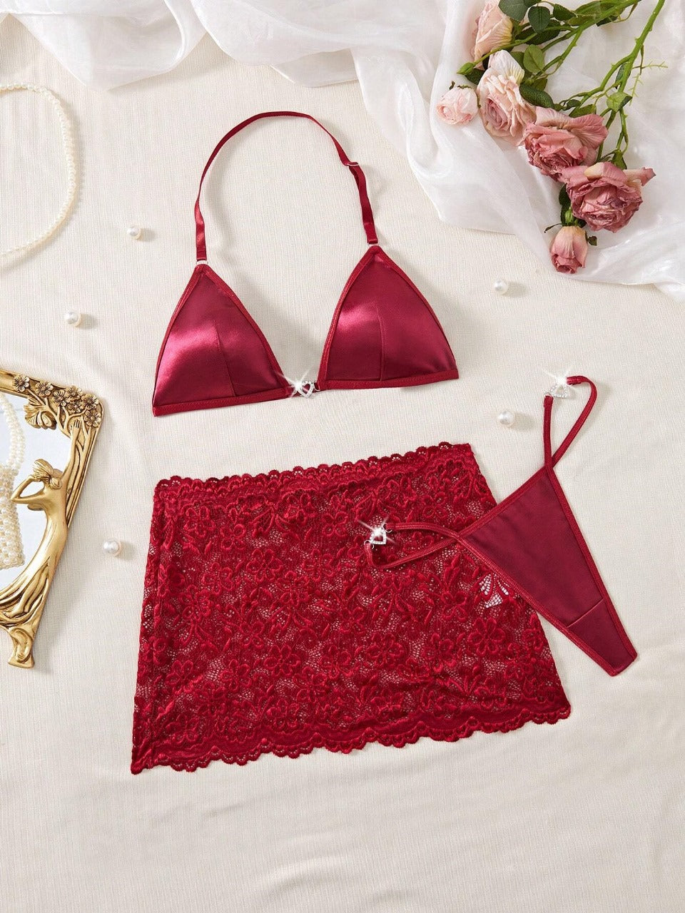 Classic Sexy 3pcs Set: Metal Hooks Necklace Bra & Sexy Mini Skirt, Seamless