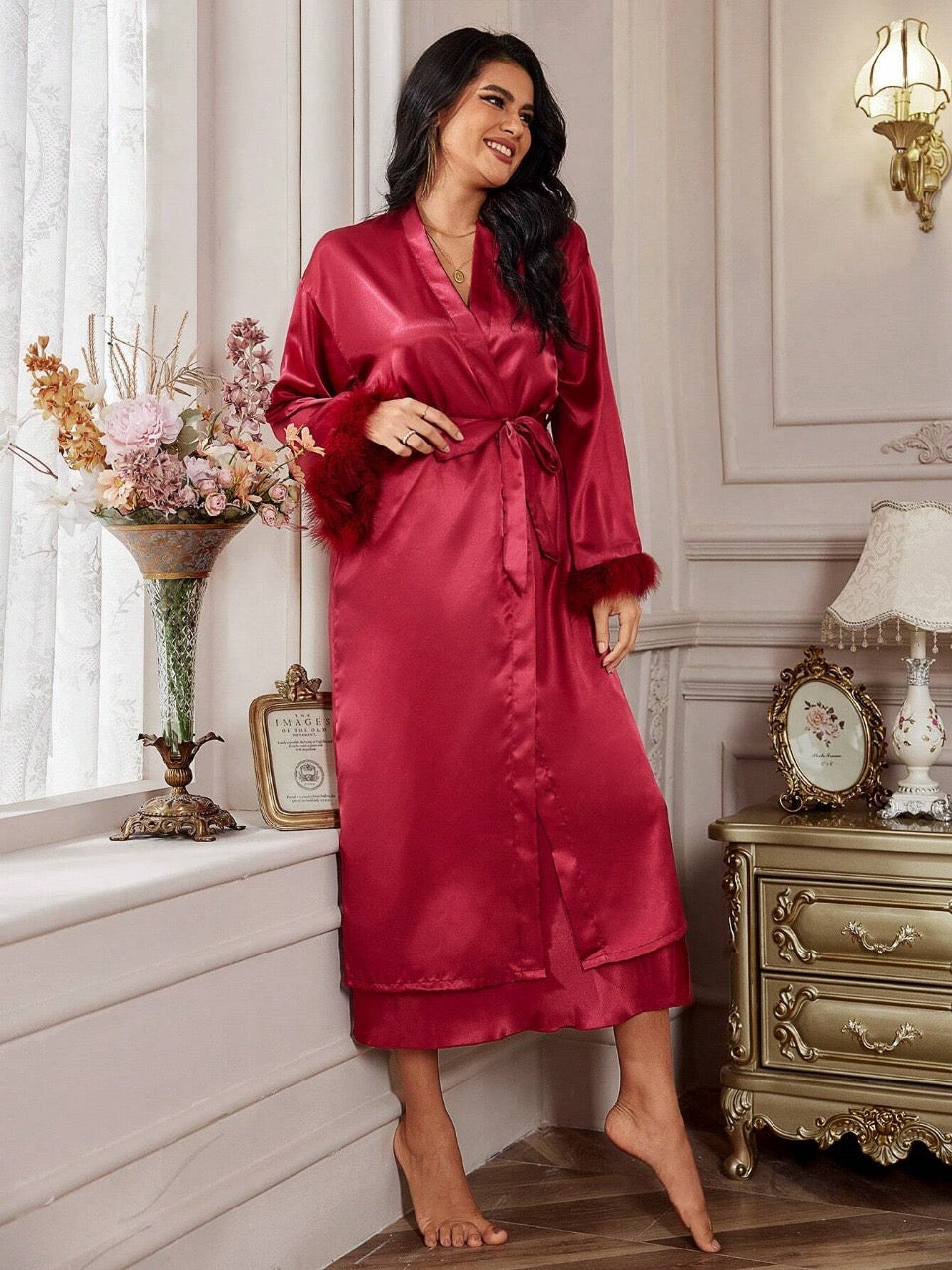 Satin Side Tie Sexy Slip Dress And Furry Bell Sleeve Robe Set
