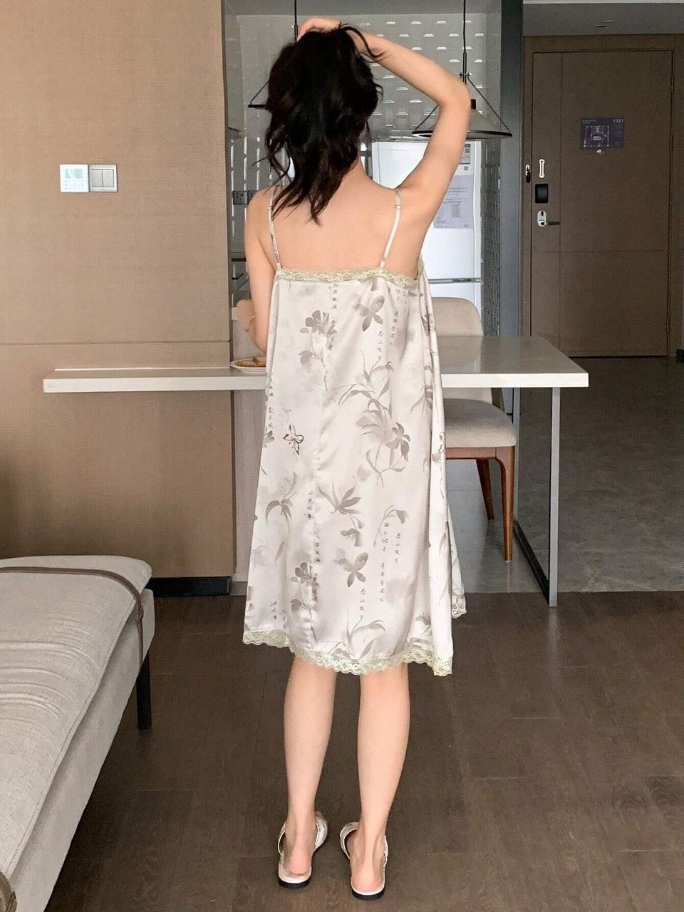 DAZY Chinese Ink Painting Printed Lace Trimmed Spaghetti Strap Sleep Dress