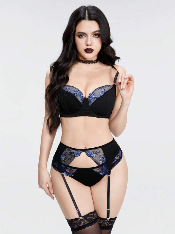 ROMWE Goth Women Contrast Lace Floral Embroidered Sexy Lingerie Set( without stockings)