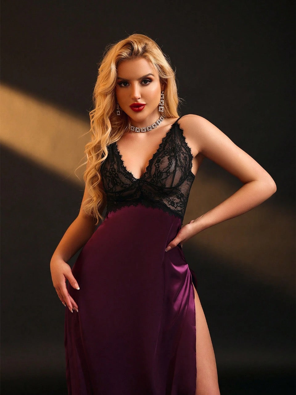 Sexy Lace Patchwork Satin High Slit Women's Nightgown