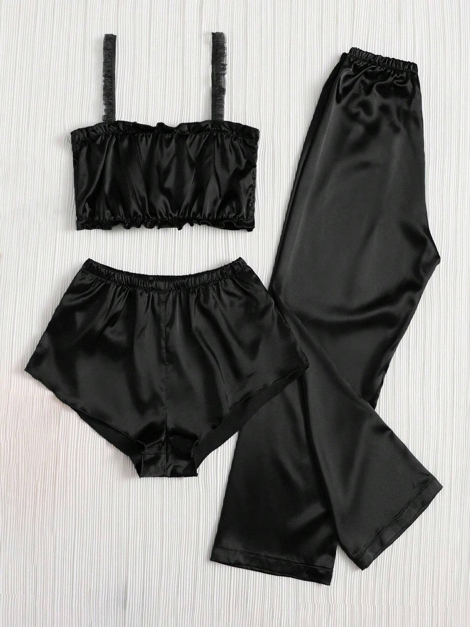 Solid Color Pleated Satin Pajama Set Including Camisole, Shorts And Long Pants