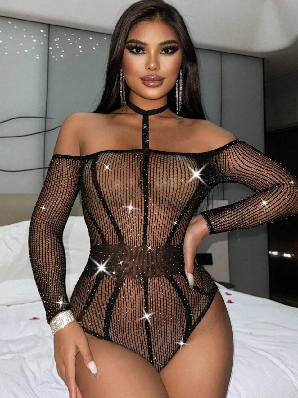 Women's Sexy Rhinestone Bodysuit With Long Sleeve, Halter Neck And Tie-Up Design