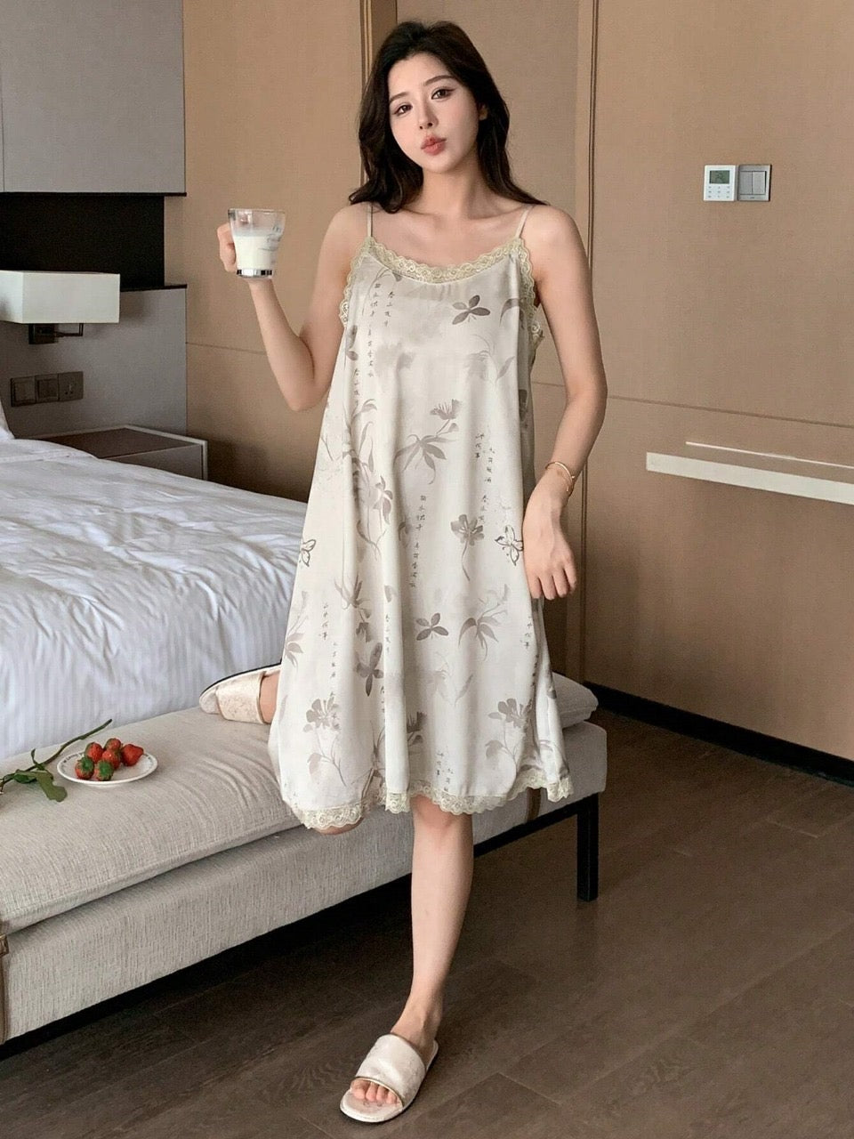 DAZY Chinese Ink Painting Printed Lace Trimmed Spaghetti Strap Sleep Dress