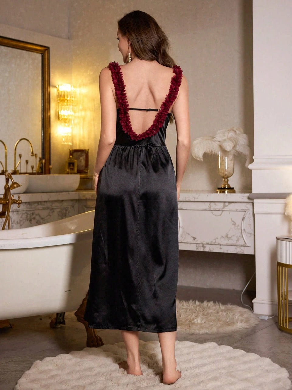 LuxeNights Contrast Ruffle Trim Backless Faux Silk Slip Nightgown