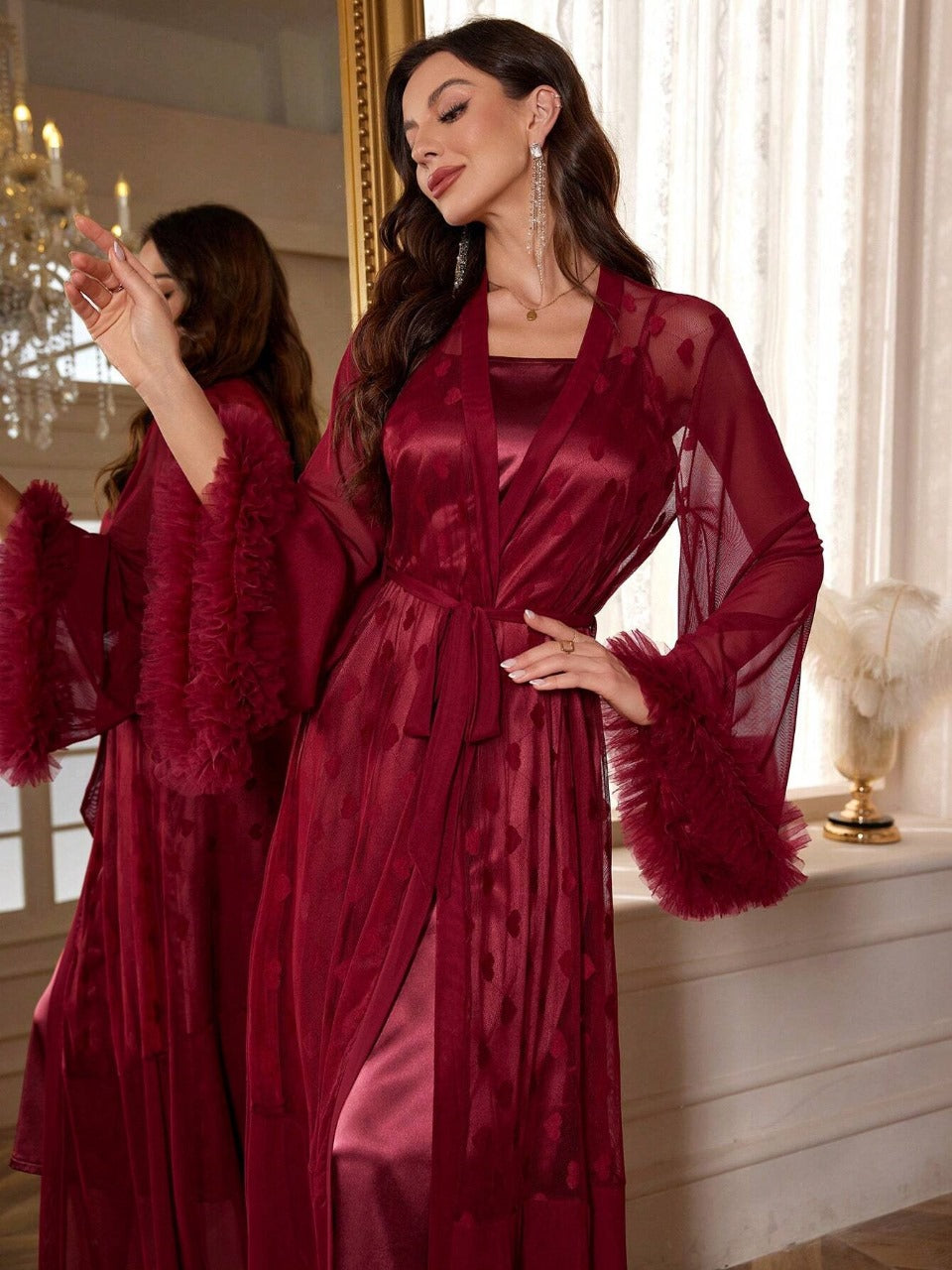 3D Floral Lace Decor Heart Design Mesh Robe And Solid Satin Cami Dress, Pajama Set