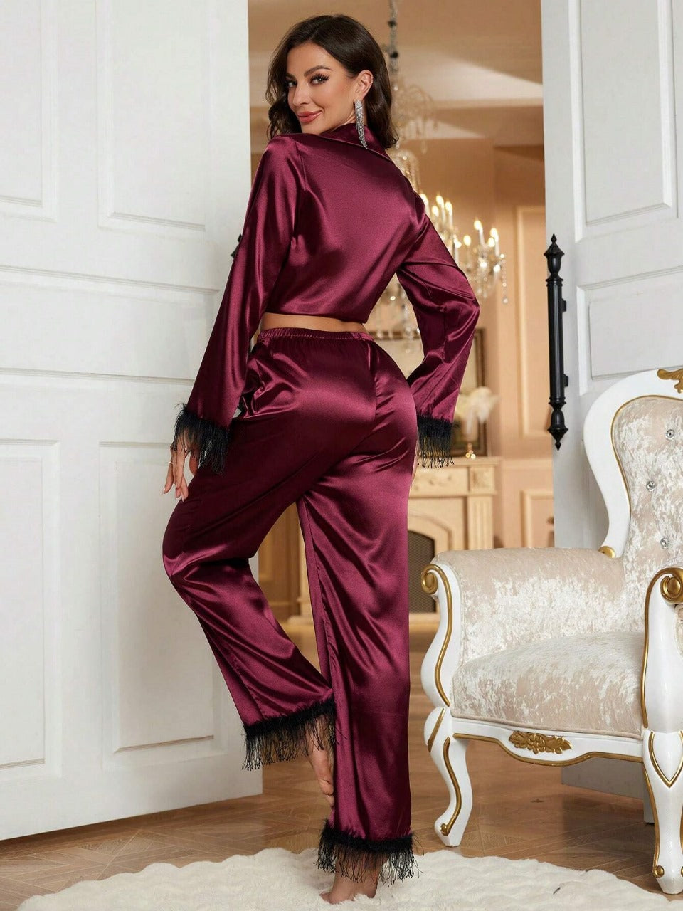 Women Solid Color Tassel Detail Long Sleeve Pants