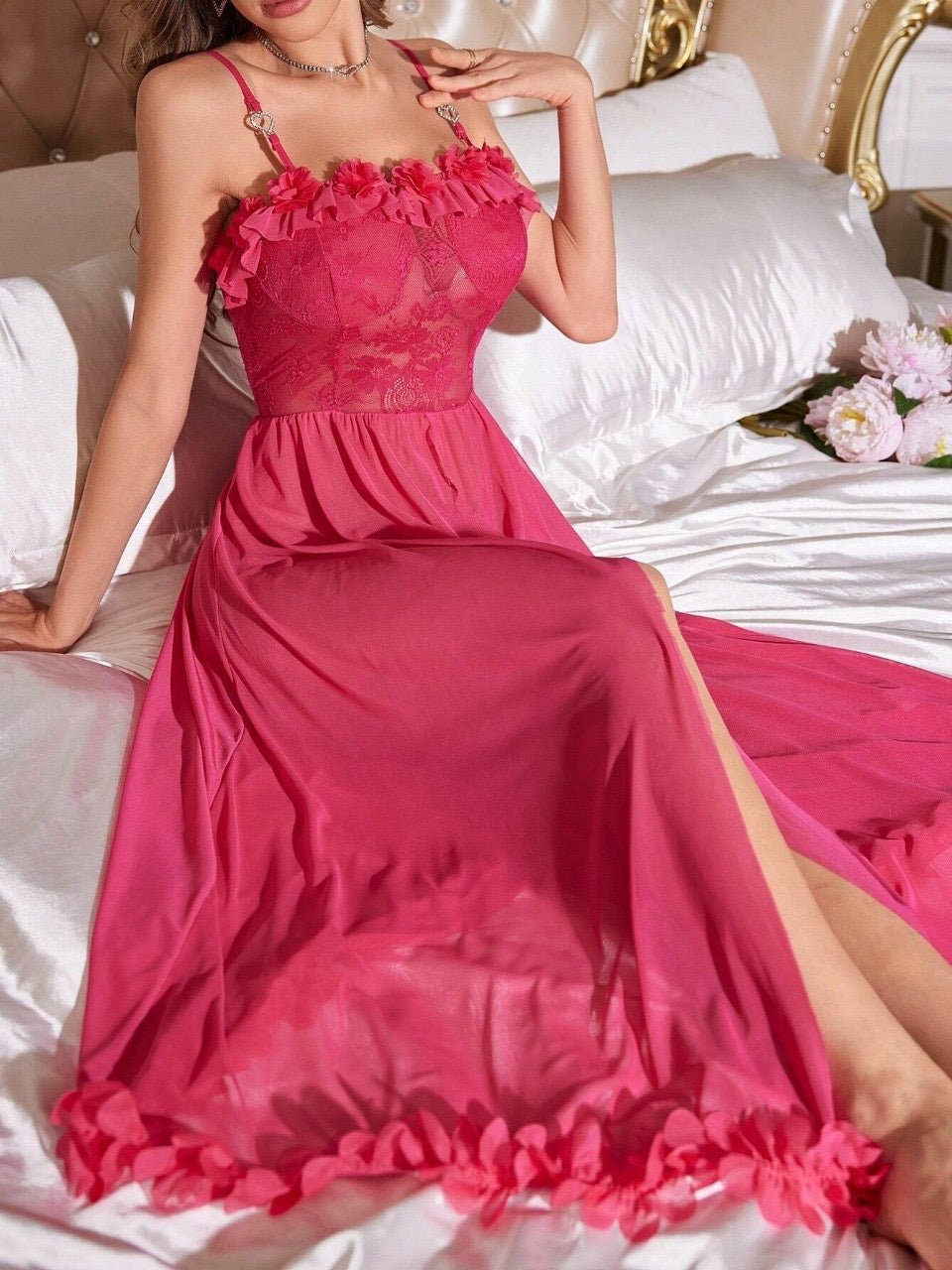 3D Floral Decor Lace Panel Sheer Mesh Nightdress