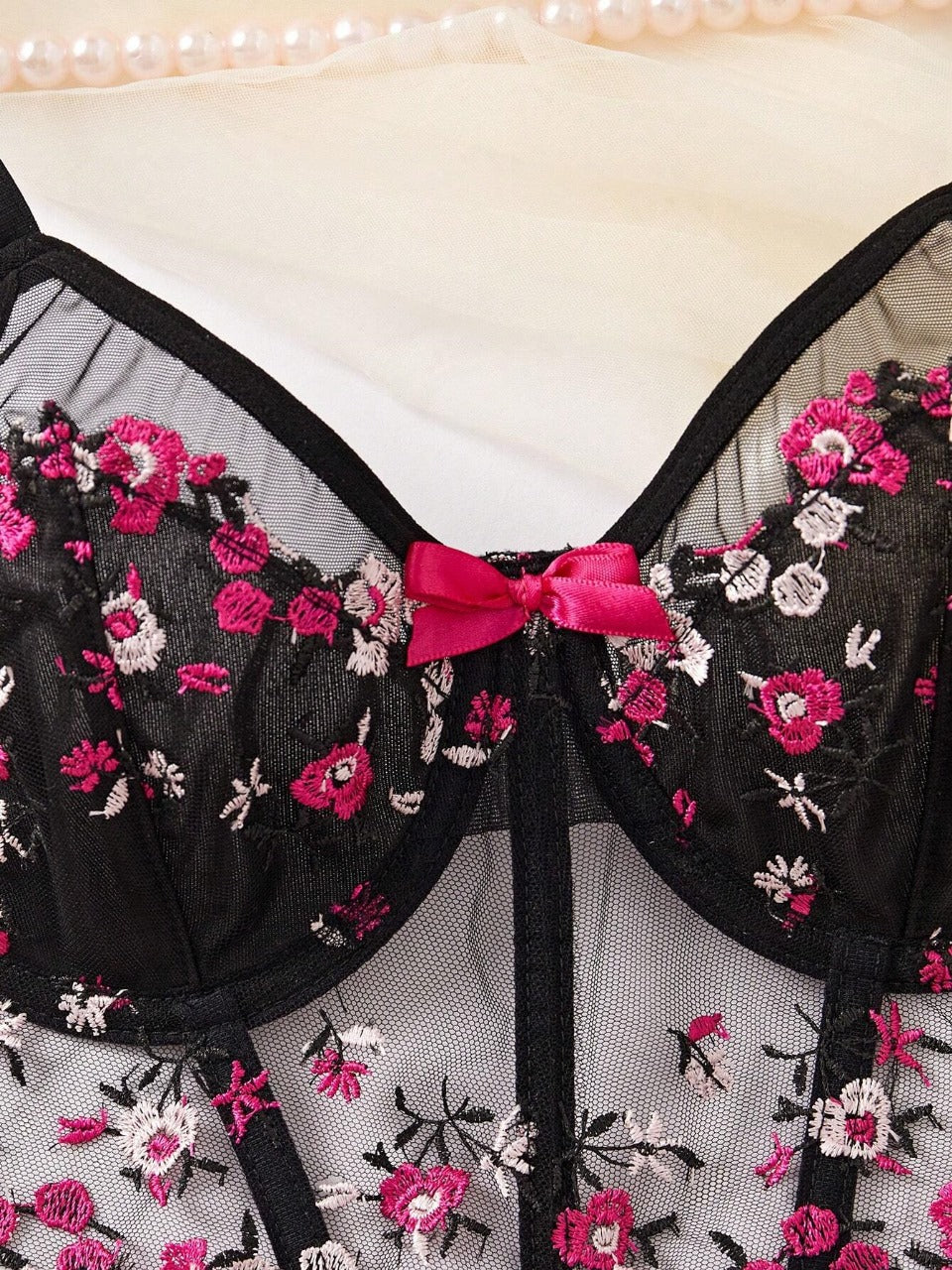 Ladies’ Flowers Embroidery Mesh Lingerie Set