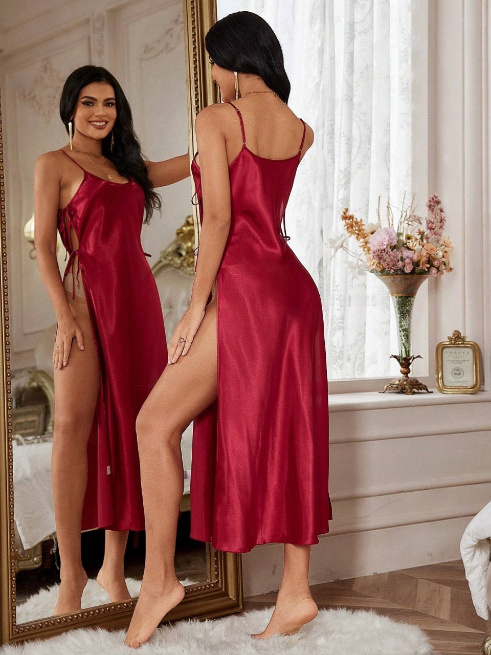 Satin Side Tie Sexy Slip Dress And Furry Bell Sleeve Robe Set