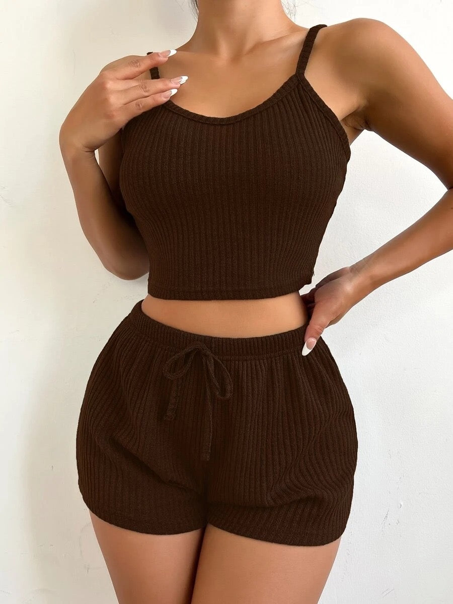 Ribbed Knit Cami Top & Tie Waist Shorts Lounge Set