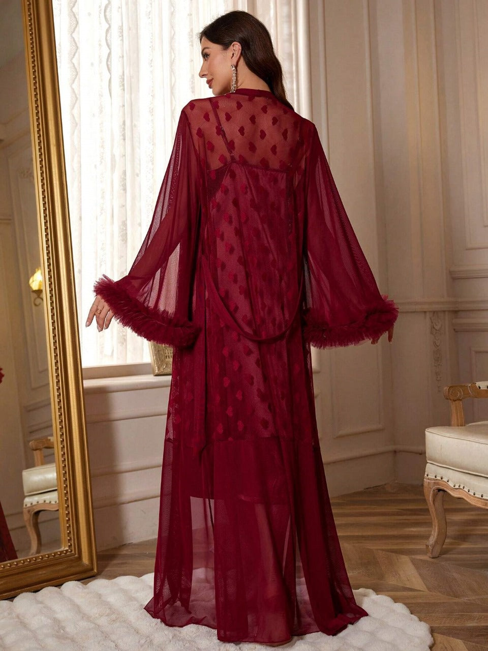 3D Floral Lace Decor Heart Design Mesh Robe And Solid Satin Cami Dress, Pajama Set