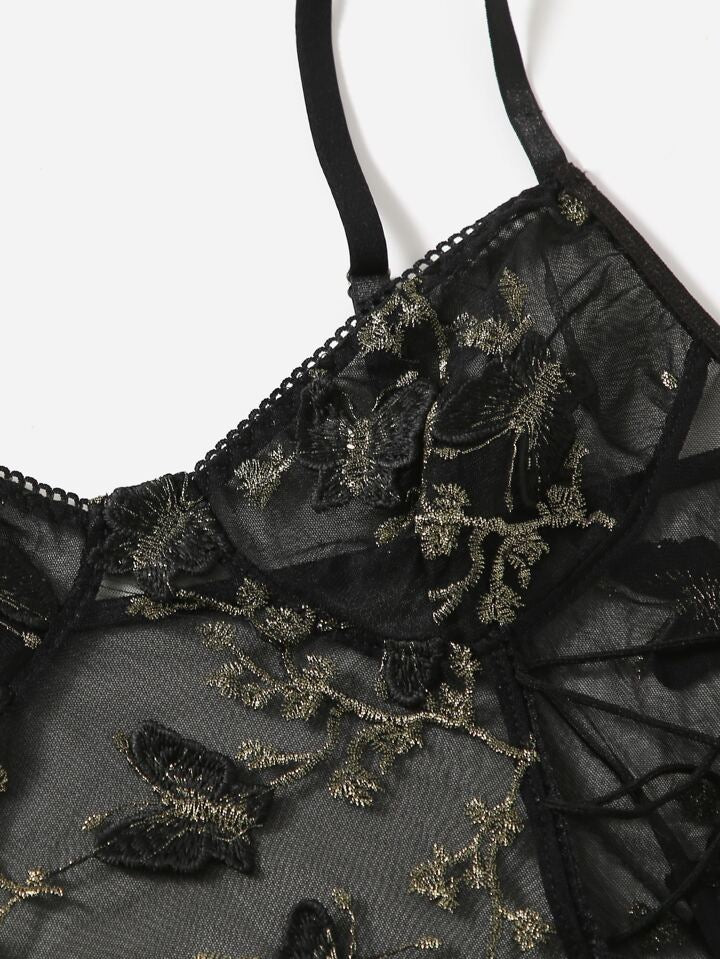 Embroidered Mesh Lace-up Teddy Bodysuit