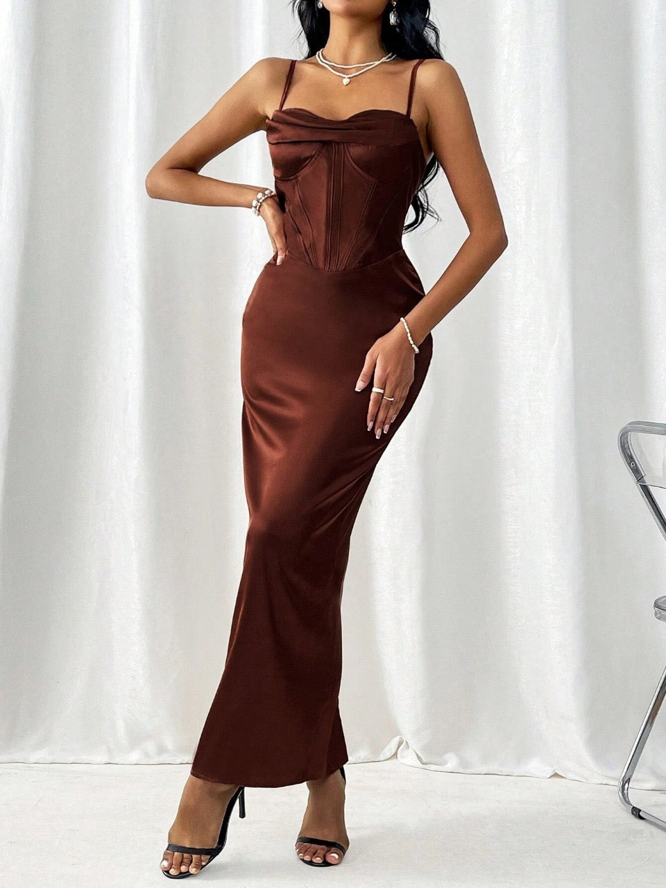 Privé Women's Elegant Cowl Collar Cami Neckline High Waist Slit Dress For Summer