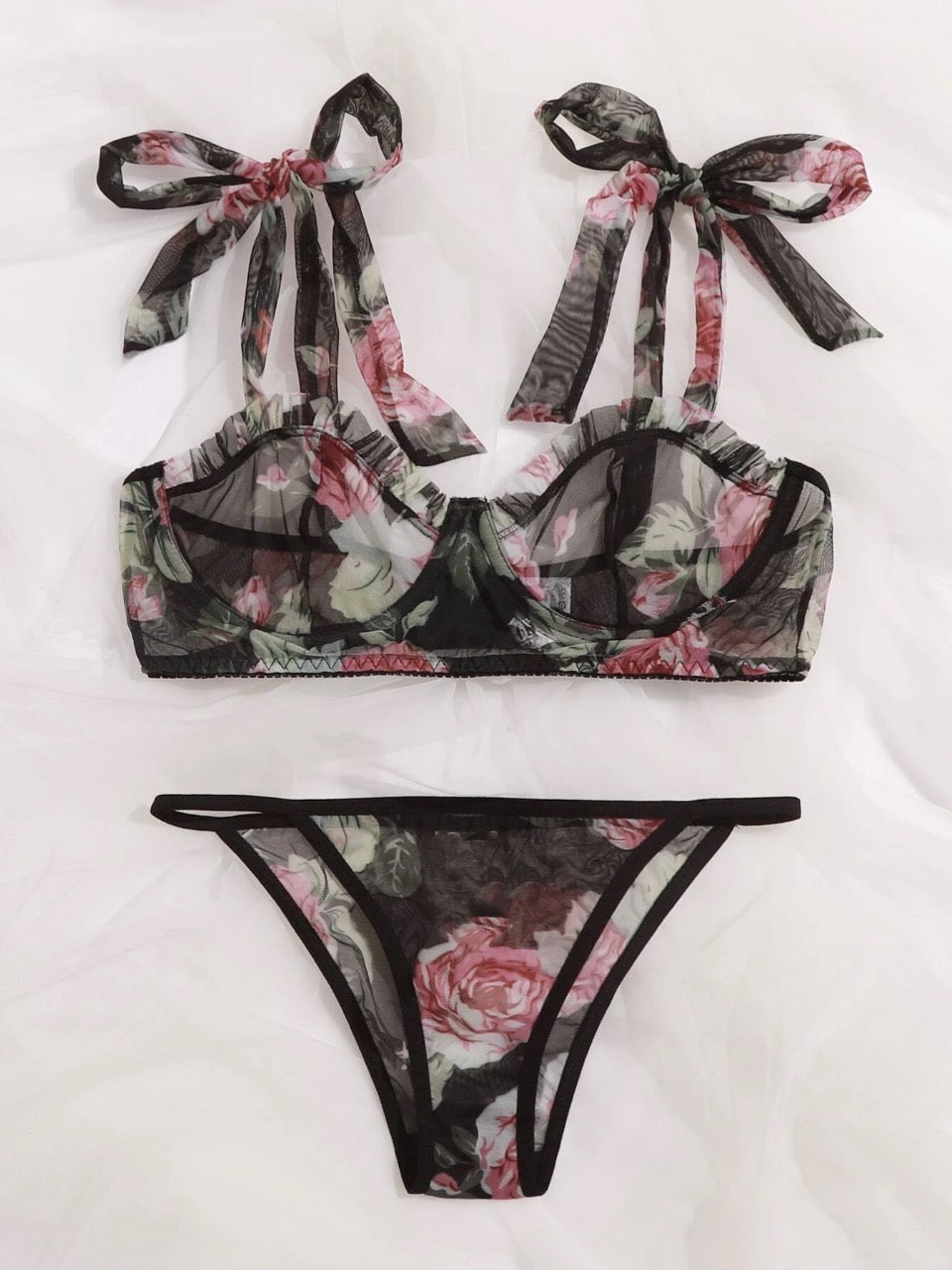Floral Print Underwire Mesh Bra & Panty Lingerie Set