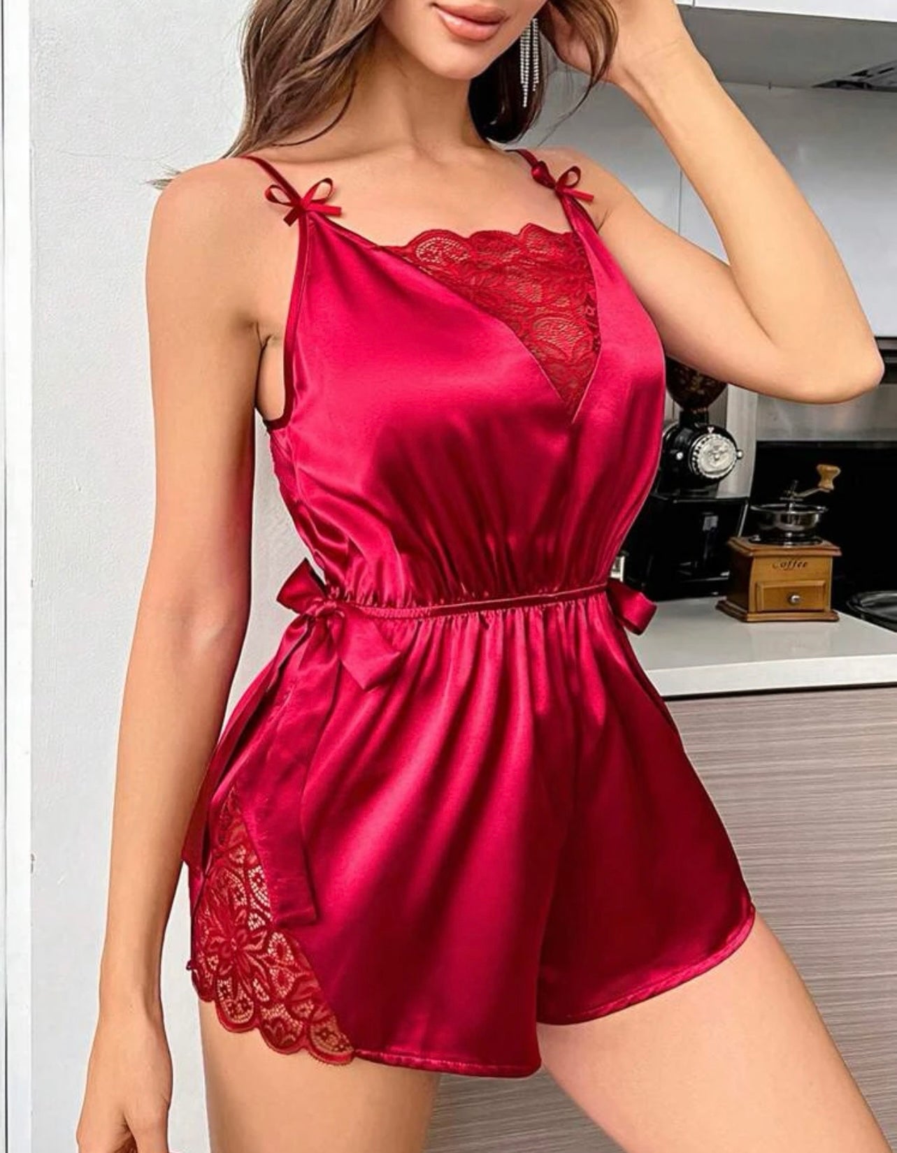 Contrast Lace Tie Side Satin Cami Sleep Romper